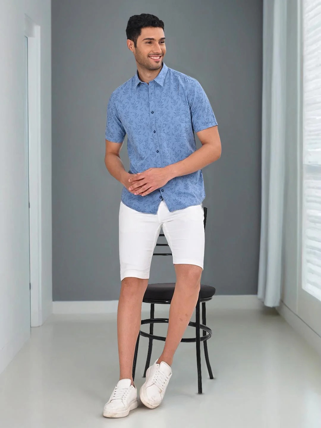 Indian Terrain Men's Regular Fit Half Sleeve Tropical Print Blue Shirt